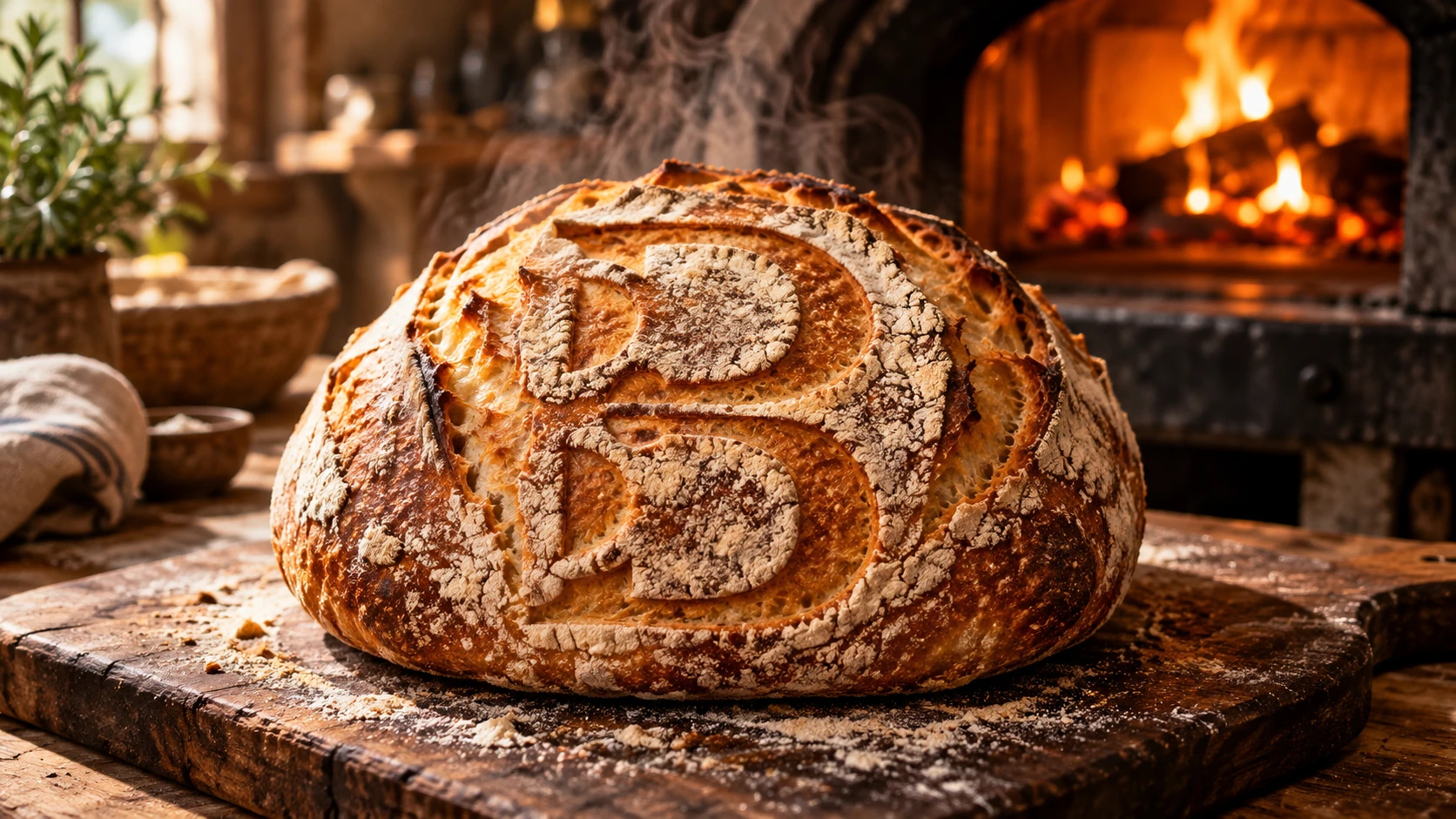 A freshly baked loaf bearing the Buik B, with steam rising beside a warm oven