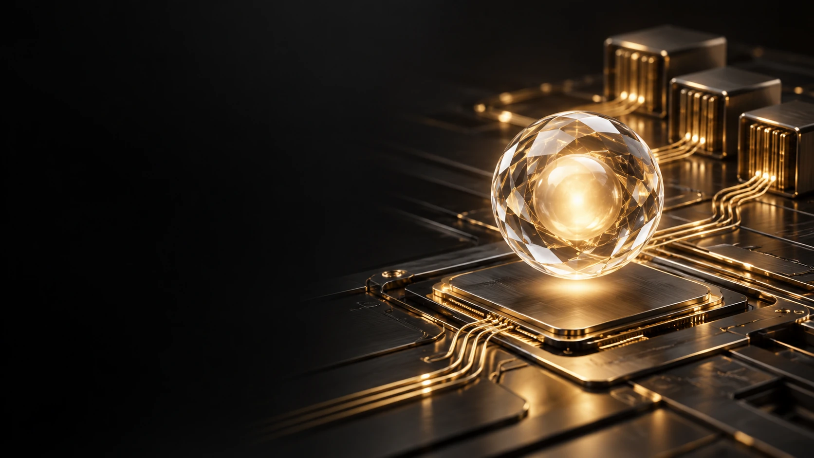 A luminous gold pearl above a detailed computing surface